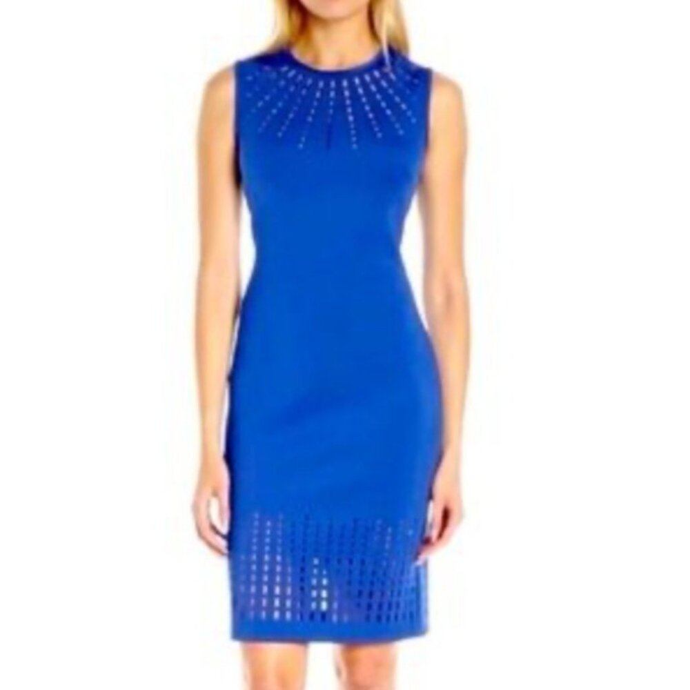 Calvin Klein Scuba Sheath Dress 14 Blue Sleeveless Stretch Laser Cut Details